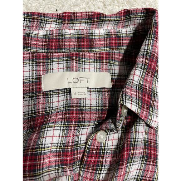 Loft Women's Size Medium Plaid Tie Front Button Down Long Sleeve Shirt Top Red - Picture 8 of 8
